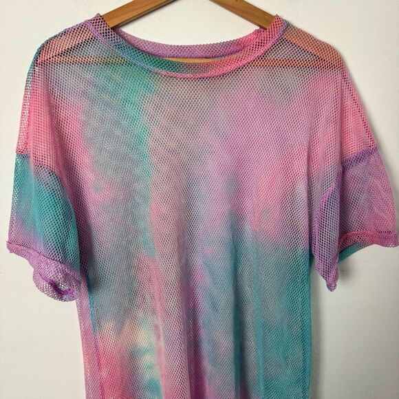 Pastel Rainbow Pink Blue Fishnet Mesh Swim Cover Up and Festival Dress One Size - Picture 8 of 13